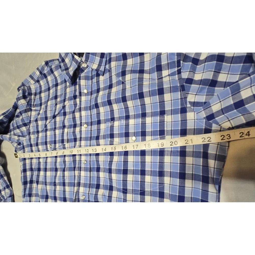 Wrangler Mens Large Pearl Snap Up Dress Shirt Blue Plaid Checker Western